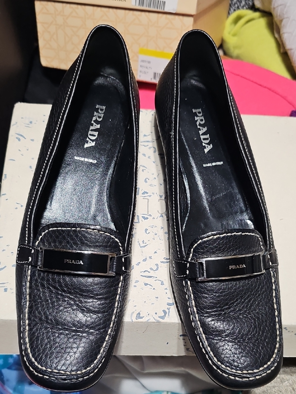 Prada Black Pebbled Leather Loafers with Silver Plaque Size 39
